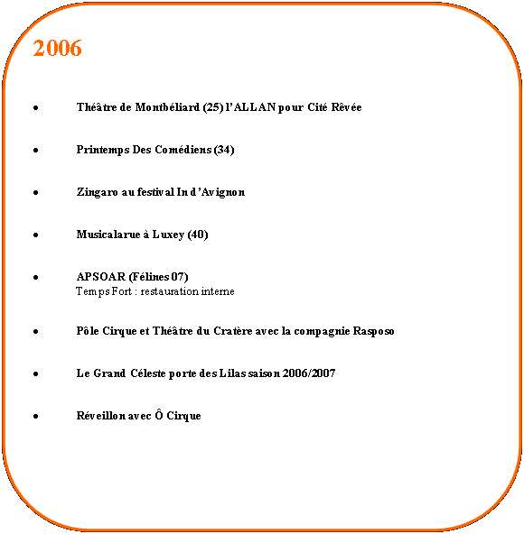 Rectangle  coins arrondis: 2006Thtre de Montbliard (25) lALLAN pour Cit RvePrintemps Des Comdiens (34)Zingaro au festival In dAvignonMusicalarue  Luxey (40)APSOAR (Flines 07)Temps Fort : restauration internePle Cirque et Thtre du Cratre avec la compagnie RasposoLe Grand Cleste porte des Lilas saison 2006/2007Rveillon avec  Cirque